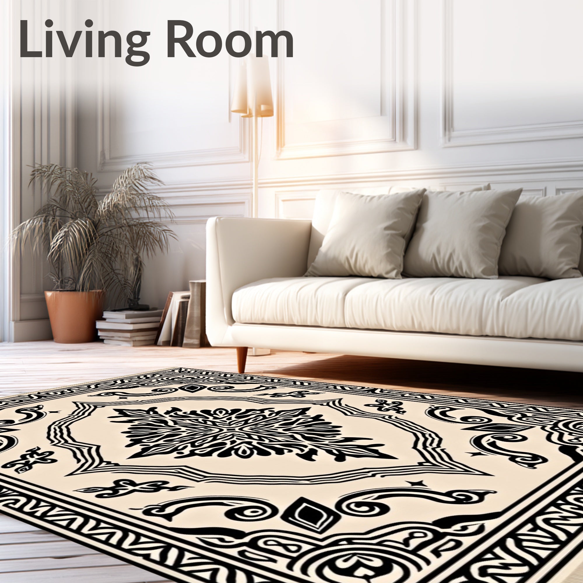 Cream and Black Ornate Scroll Medallion Rug