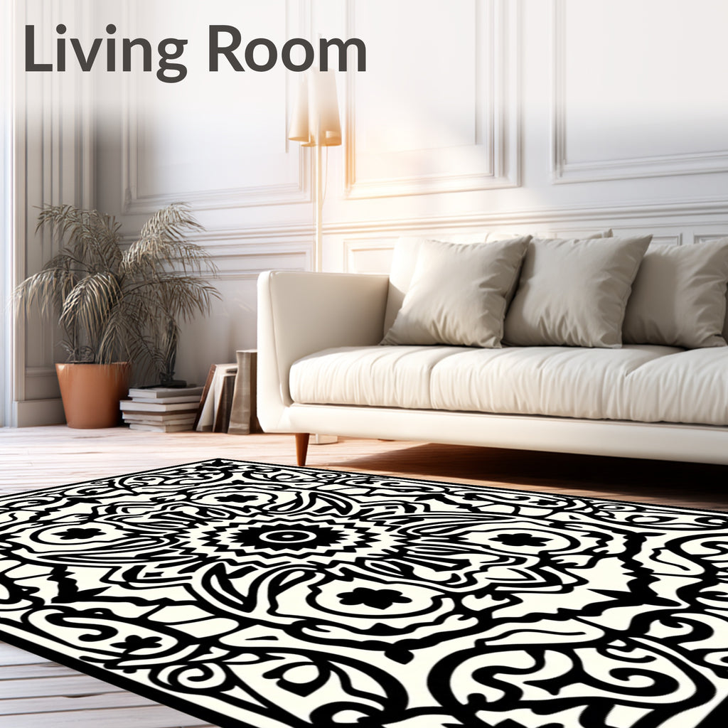 Intricate Floral Sunburst Black White Rug