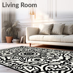 Intricate Floral Sunburst Black White Rug