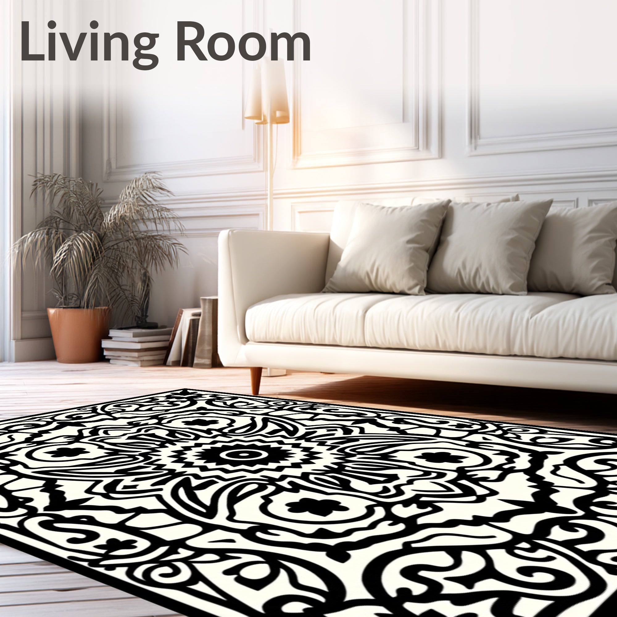 Intricate Floral Sunburst Black White Rug