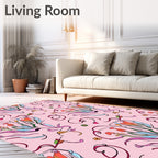 Pink Floral Whimsical Outline Pattern Rug
