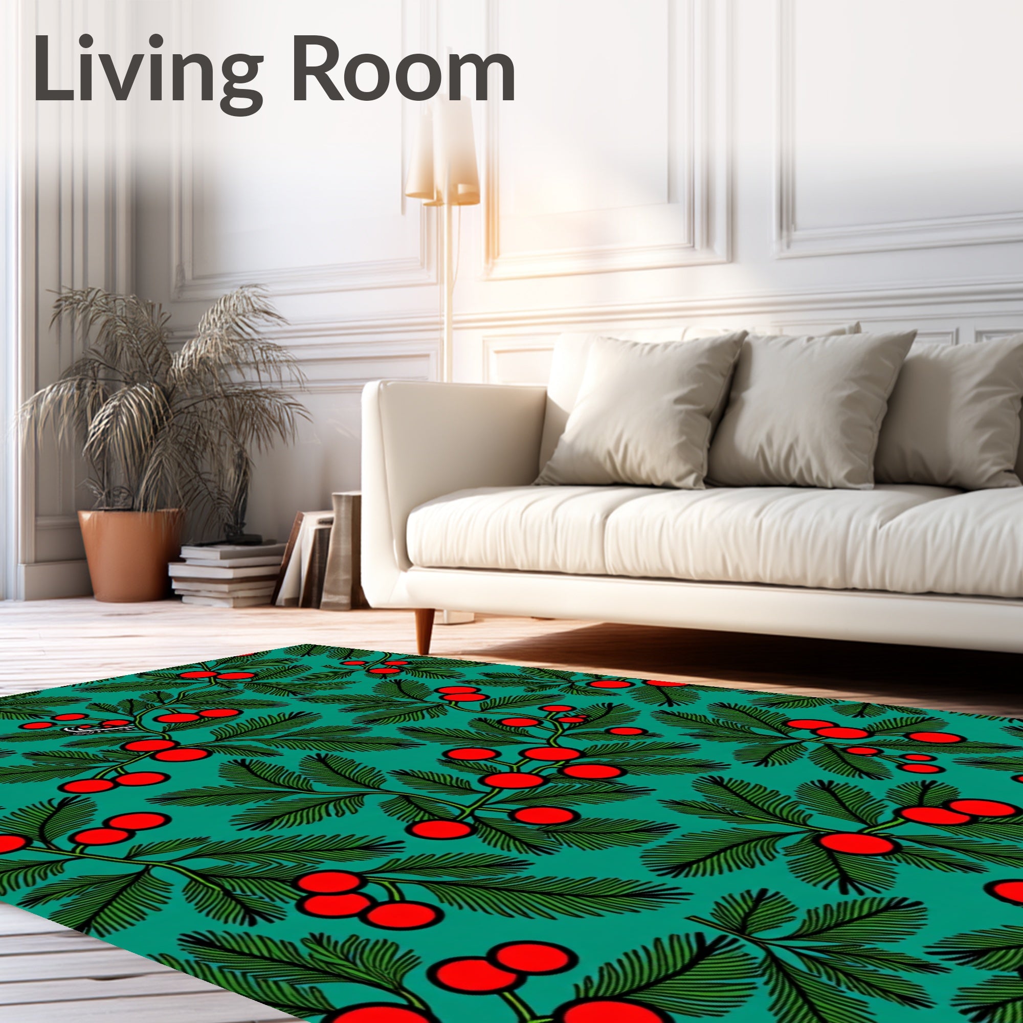 Evergreen Red Berry Branch Arrangement Rug