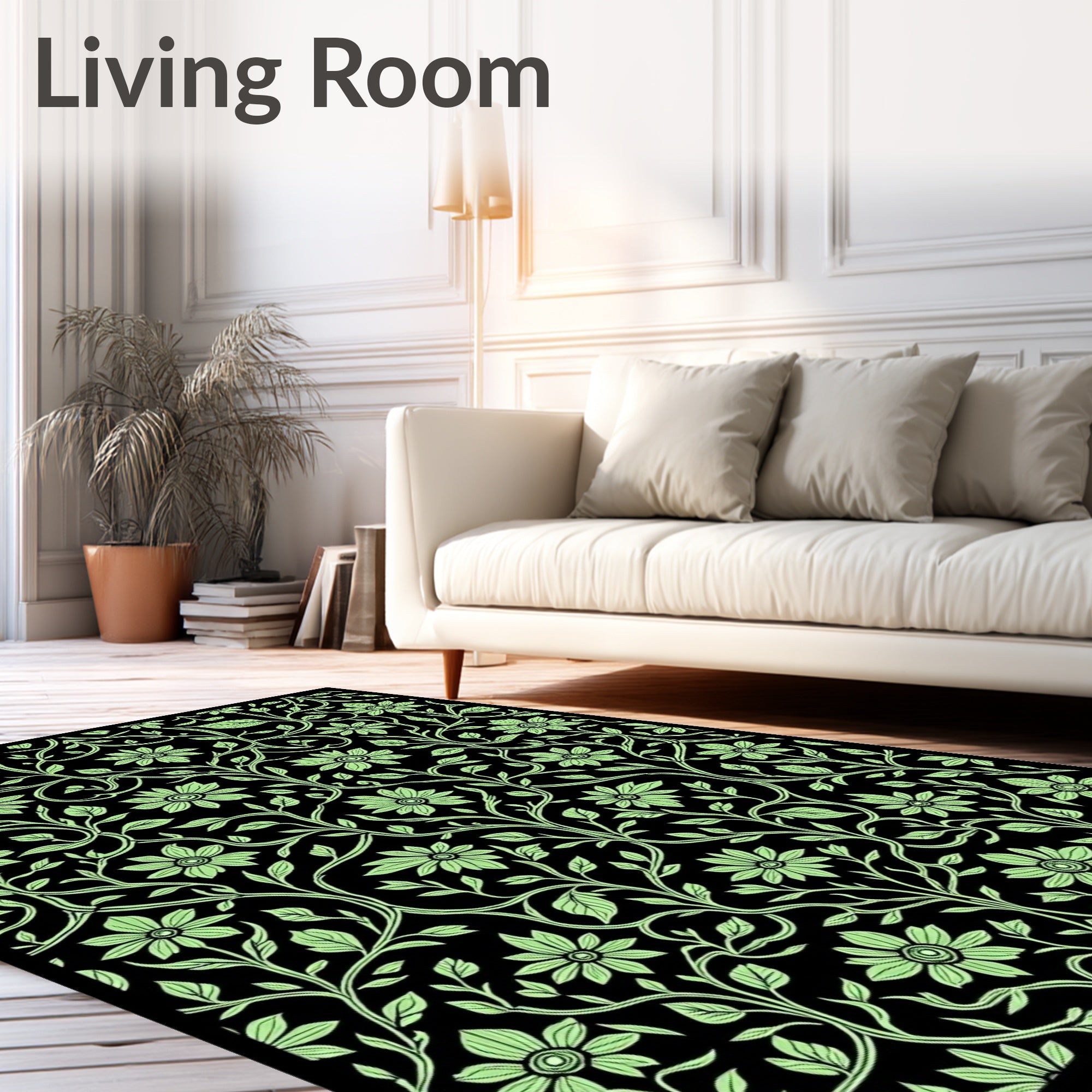 Green Floral Vine Patterned Design Rug