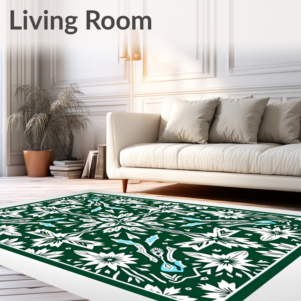 Forest Green White Floral Medallion Rug