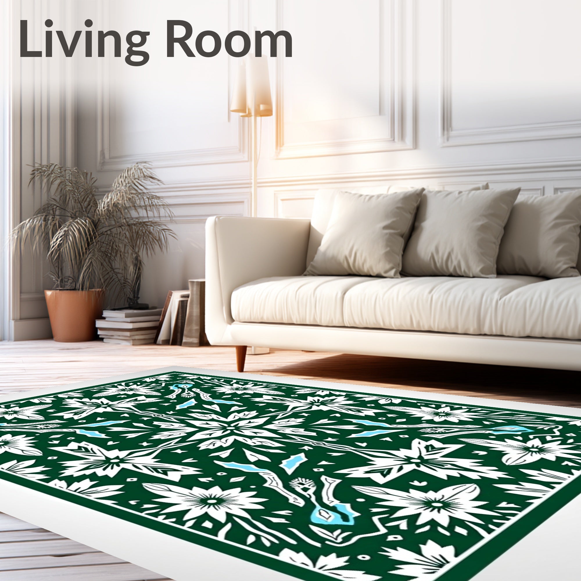 Forest Green White Floral Medallion Rug