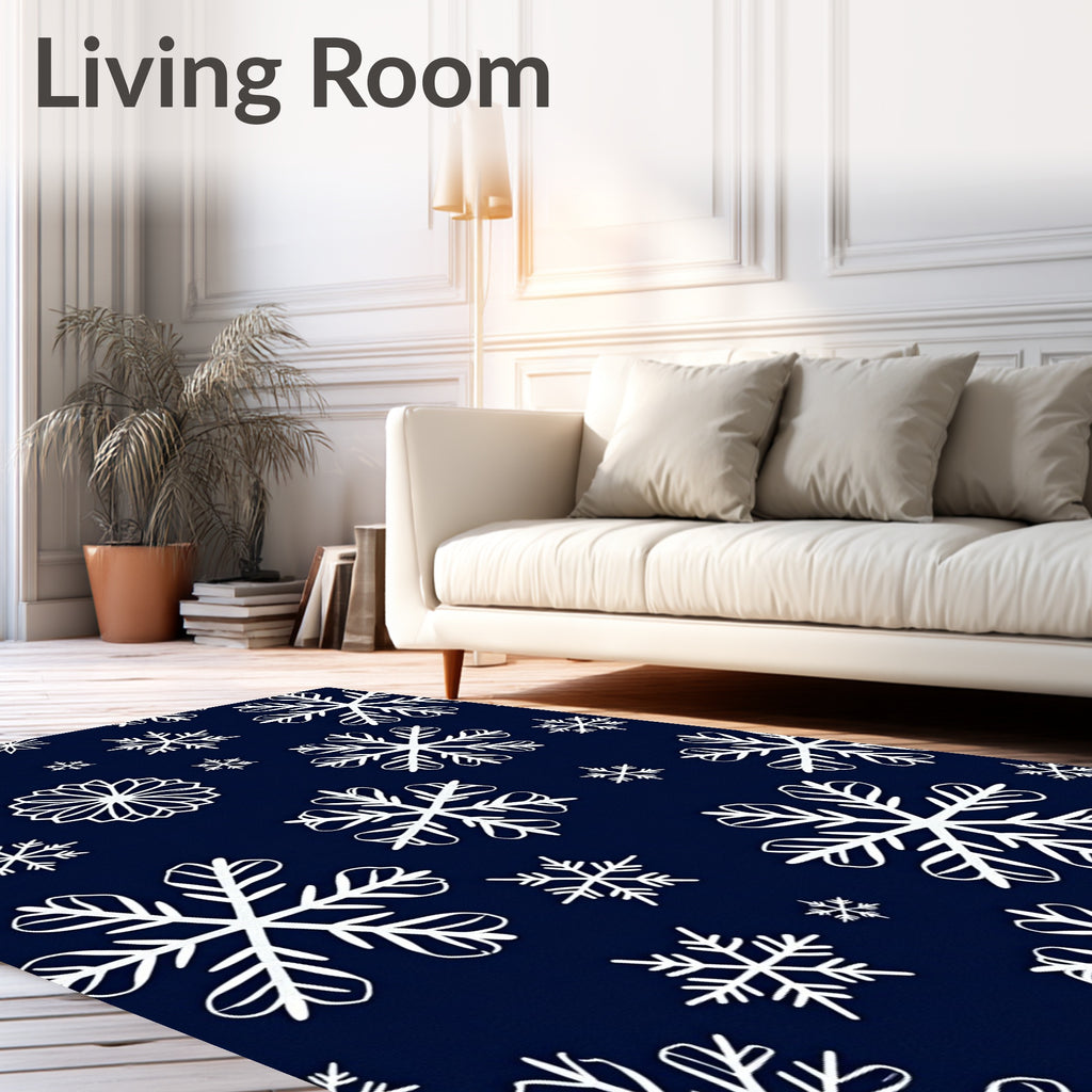 White Snowflake Patterned Navy Rug