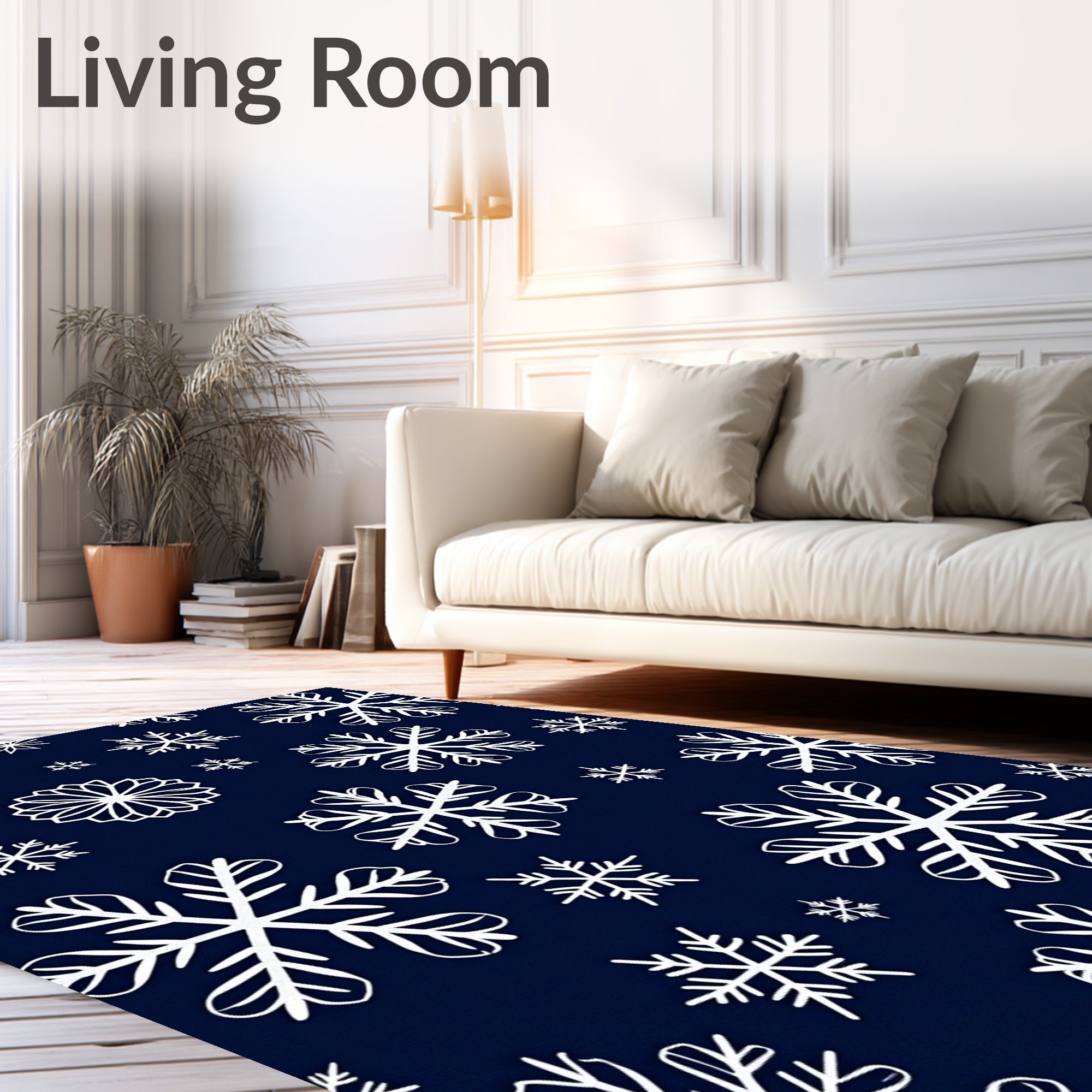White Snowflake Patterned Navy Rug
