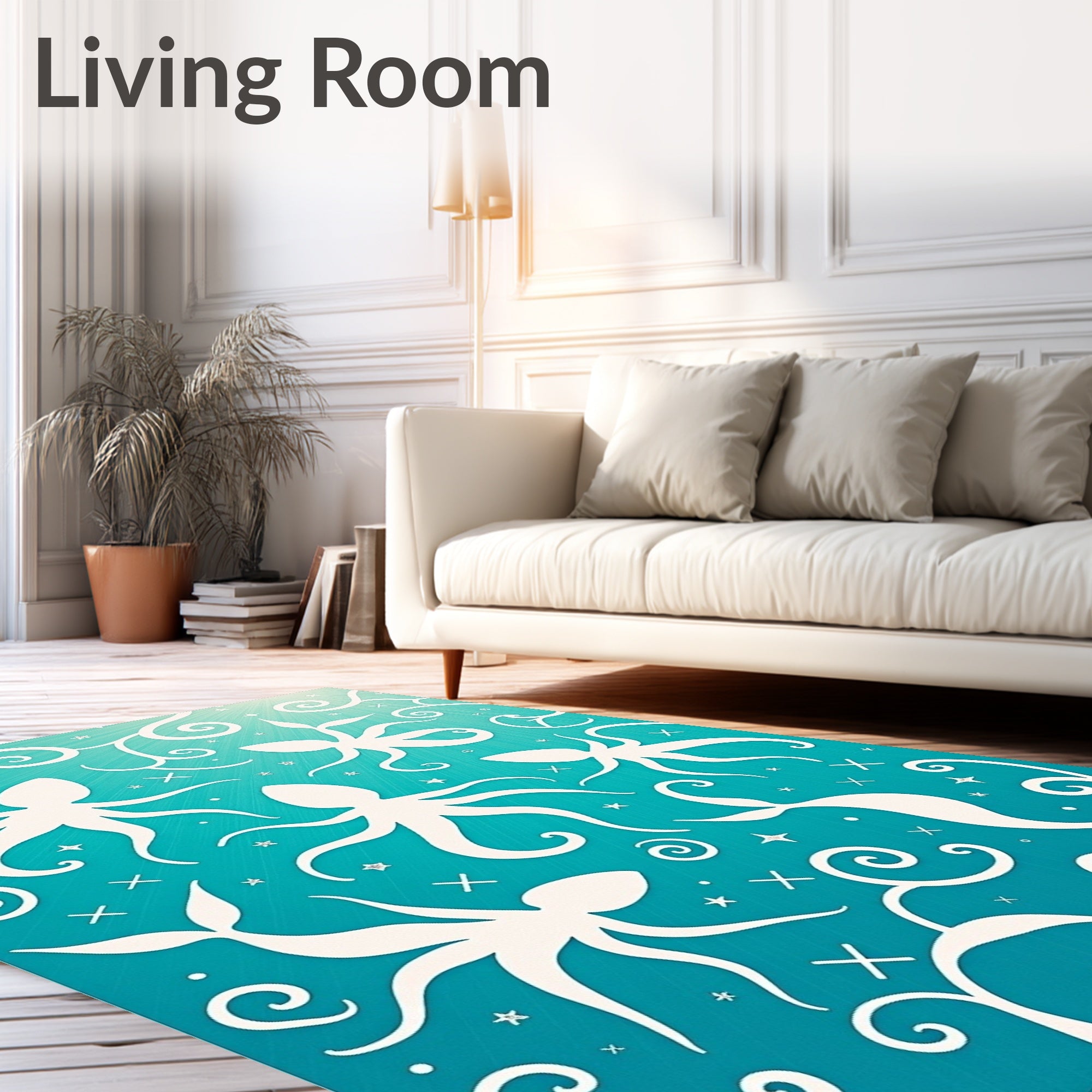 White Octopus Aquatic Swirls Design Rug