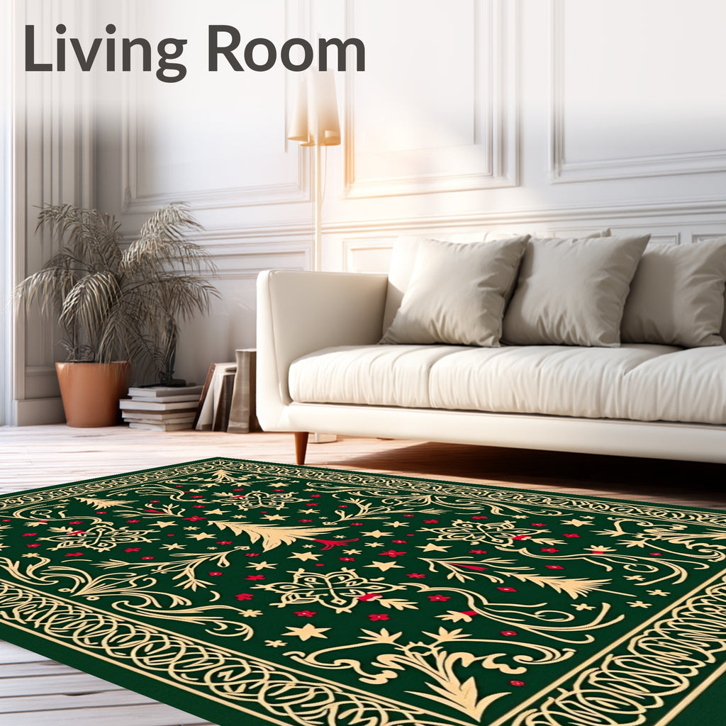 Festive Green Floral Tree Pattern Rug