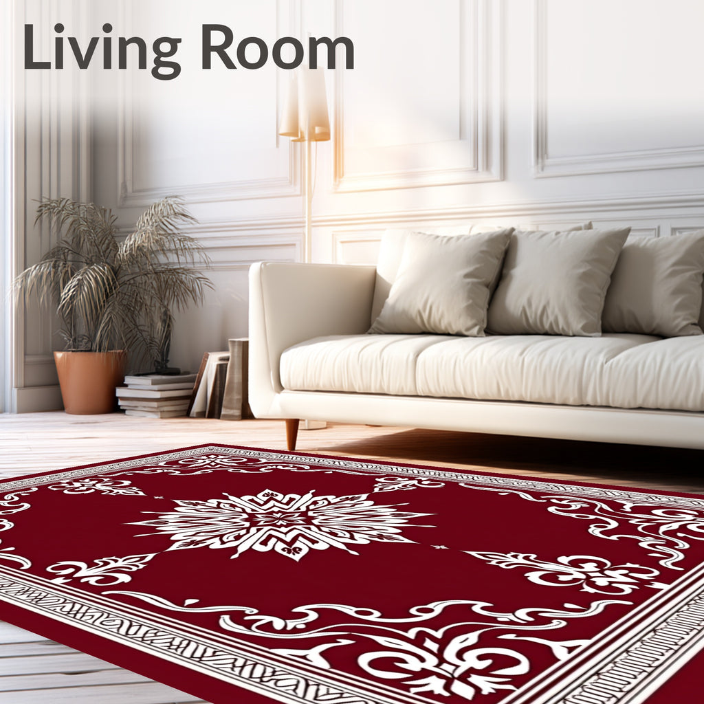 Ornate Burgundy White Floral Design Rug