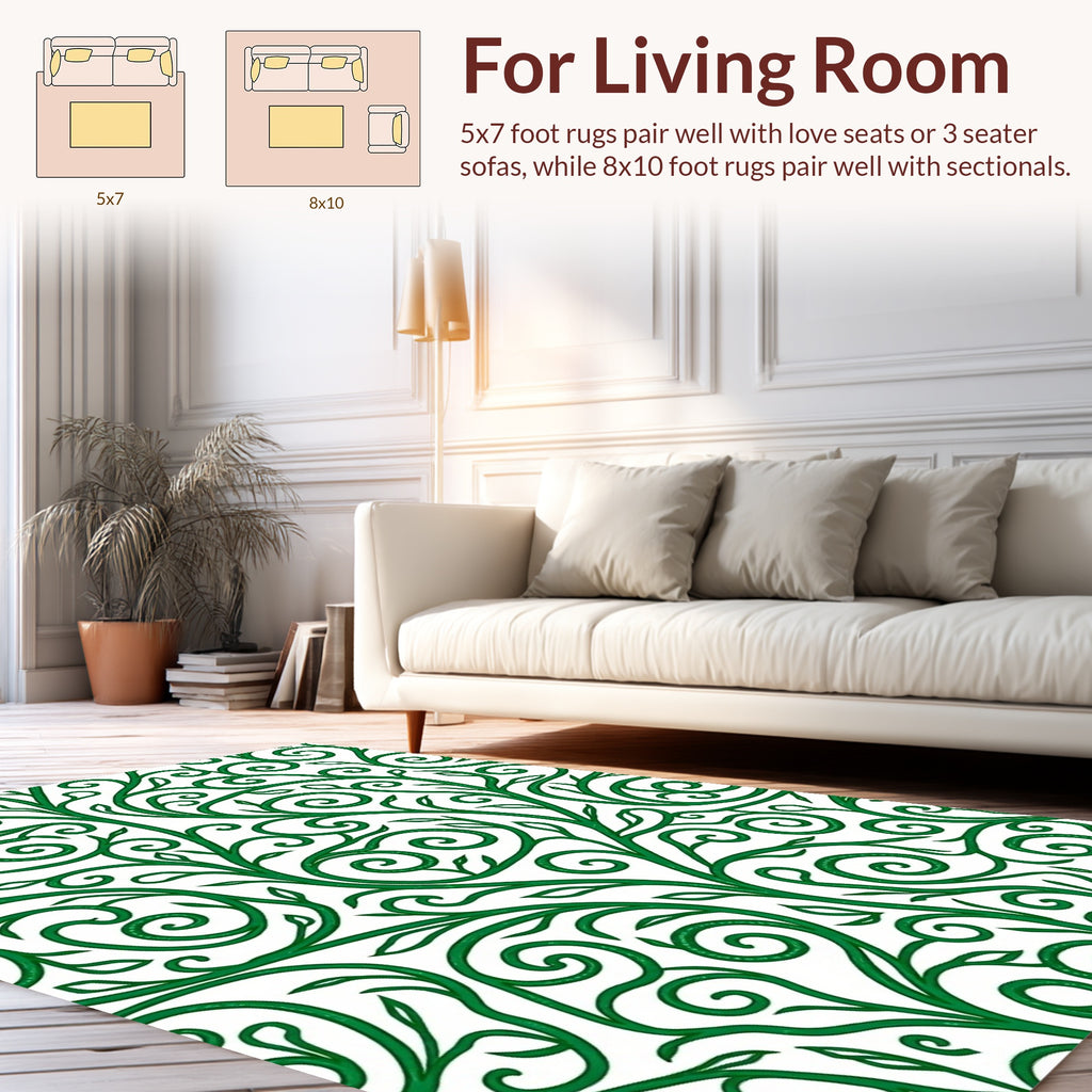 Green Swirling Vine Leaf Pattern Rug