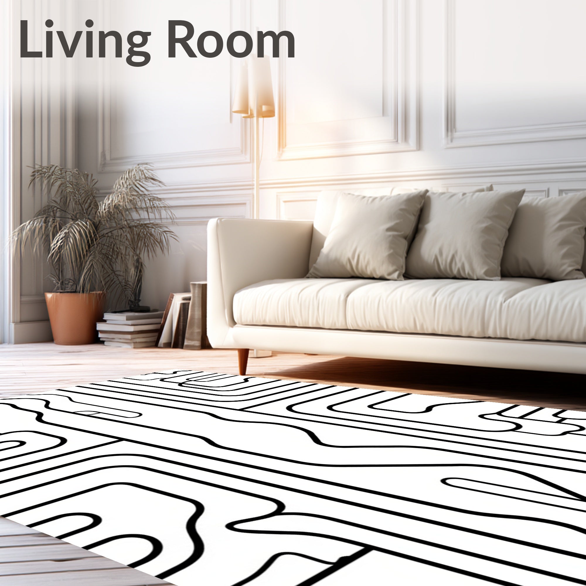 Abstract Flowing Black White Line Design Rug
