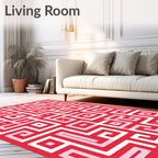 Red White Abstract Maze Pattern Rug