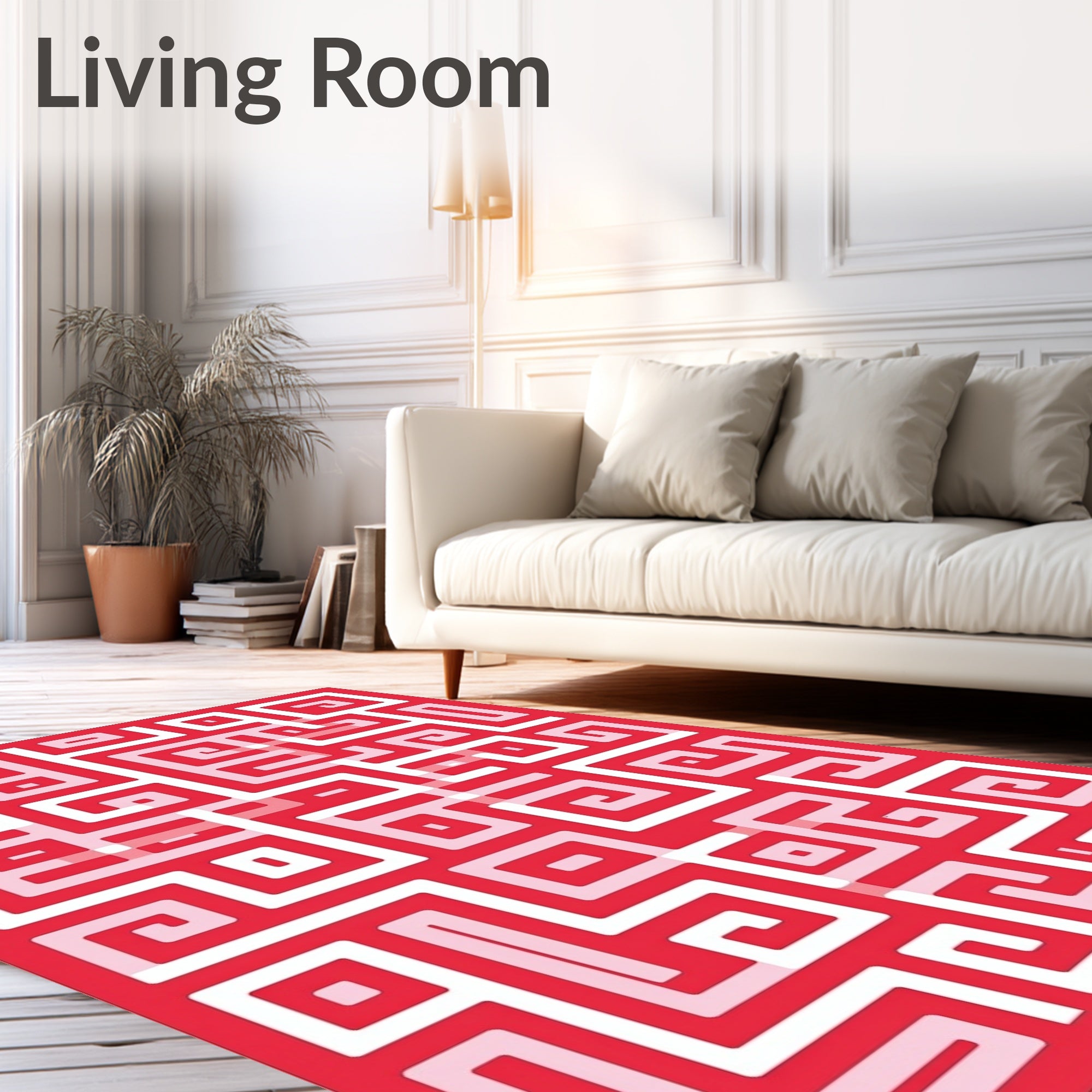 Red White Abstract Maze Pattern Rug