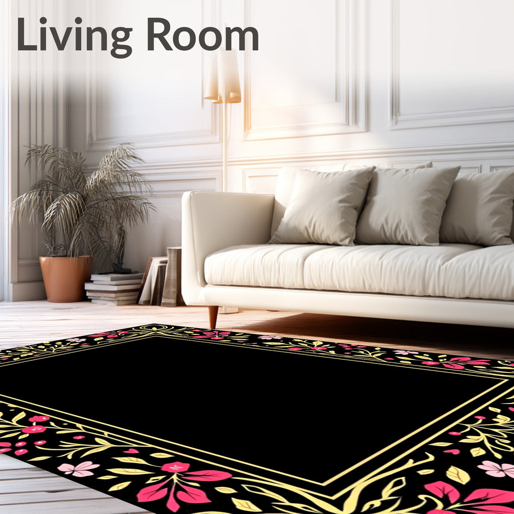Golden Floral Pink Blossom Border Rug