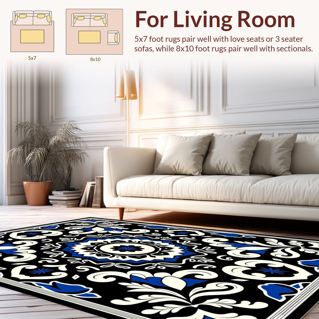 Classic Floral Medallion Black and Blue Rug