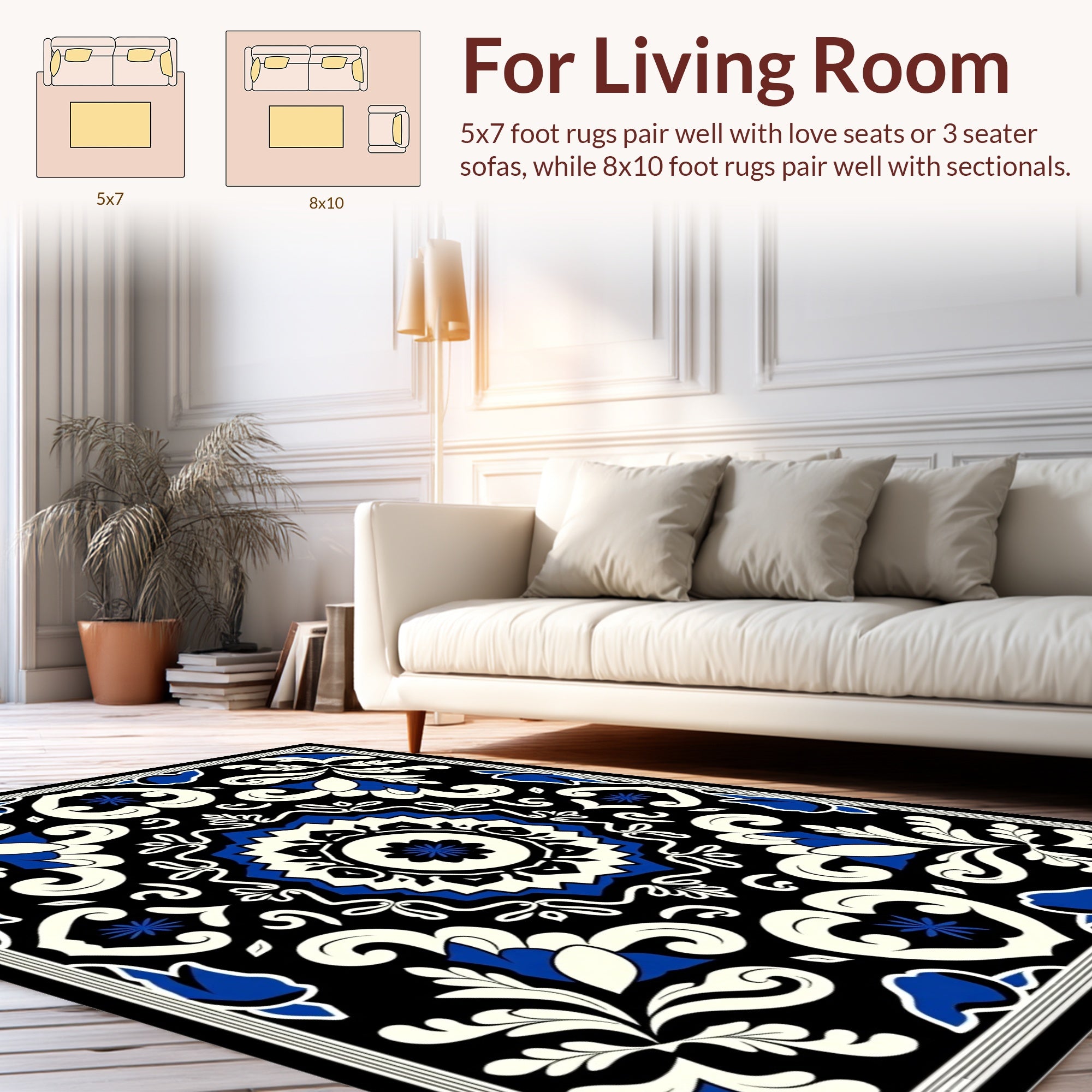 Classic Floral Medallion Black and Blue Rug