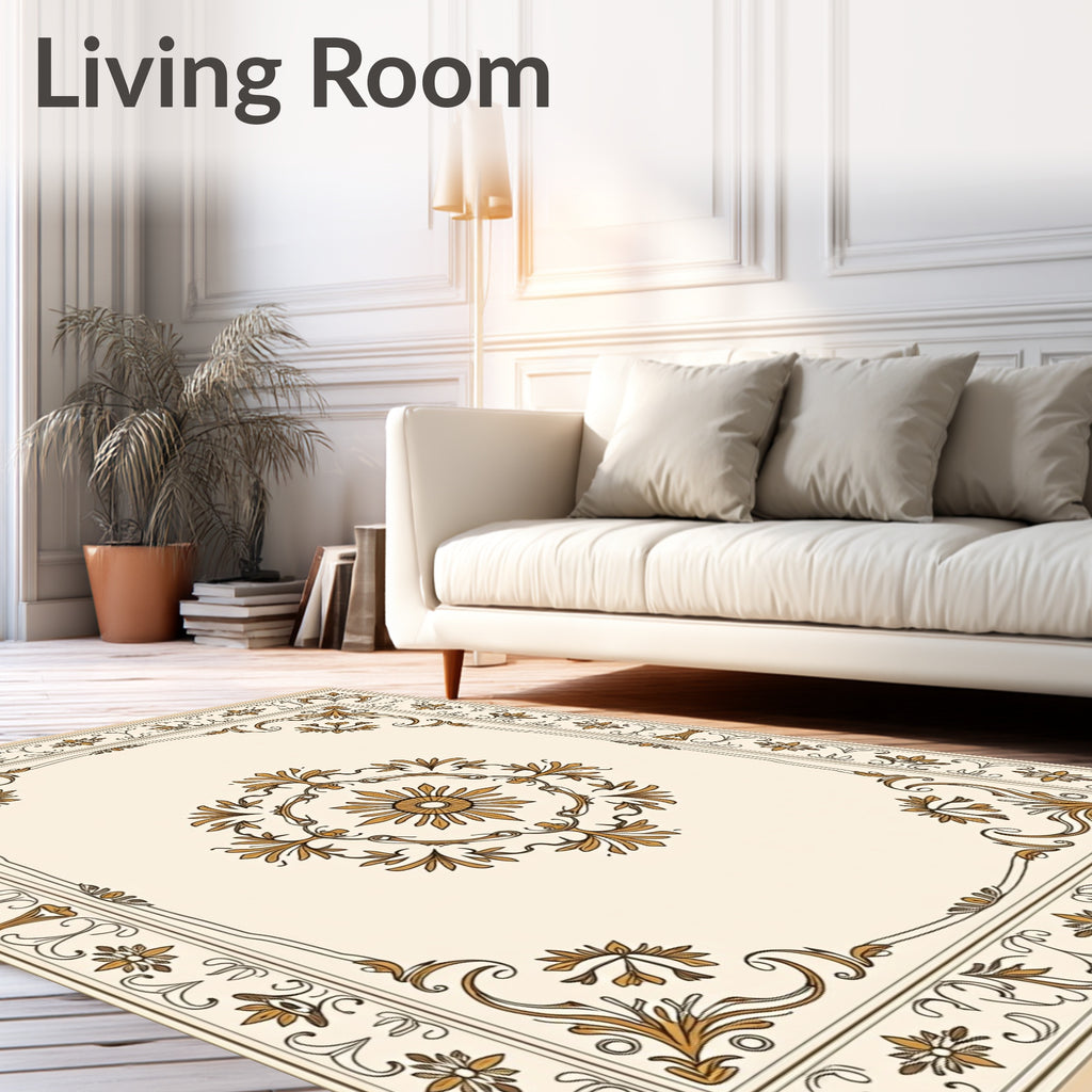 Ornate Gold Floral Scrollwork Rug