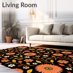 Orange Floral Vine Pattern Black Background Rug