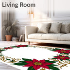 Festive Red Poinsettia Scroll Border Rug