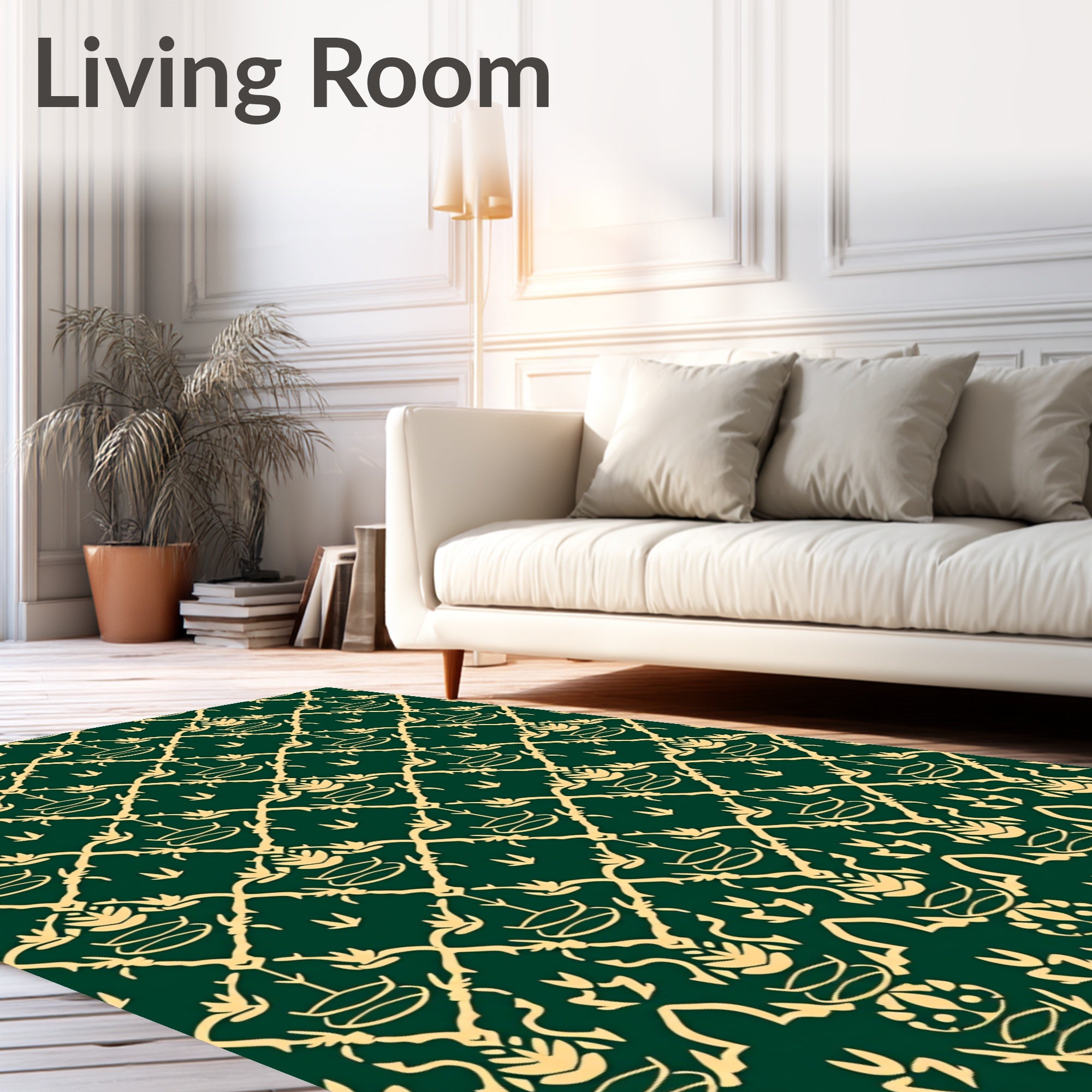 Elegant Gold Emerald Damask Pattern Rug