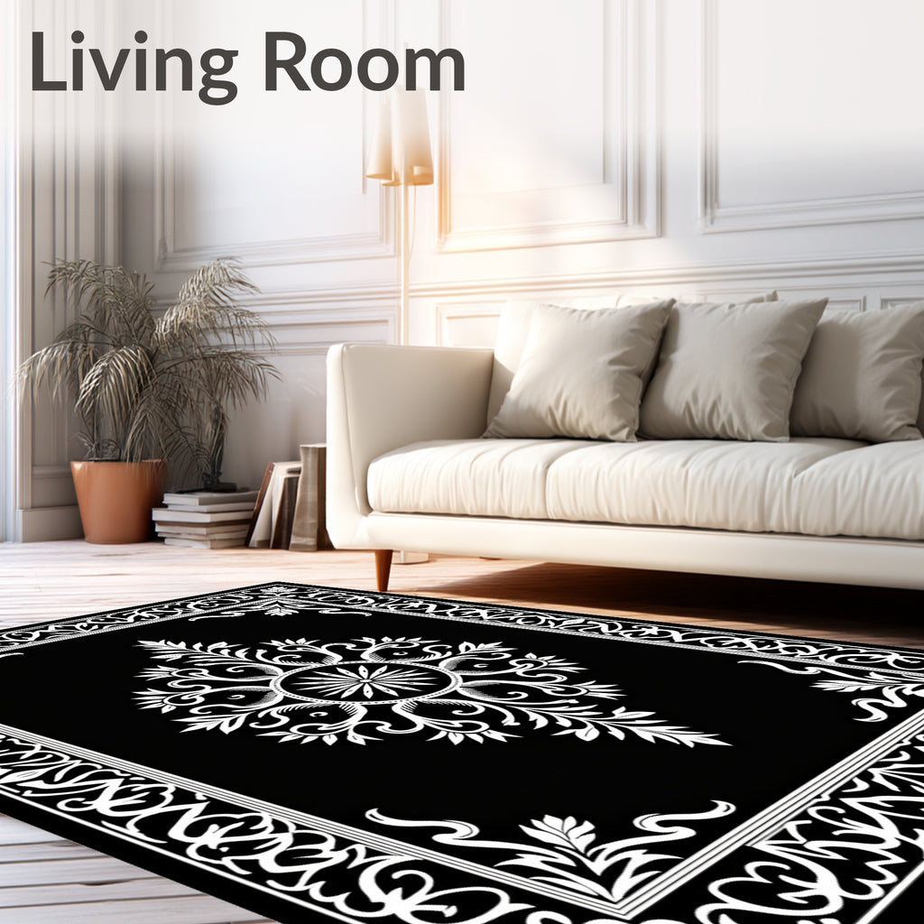 Ornate Floral Black White Design Rug