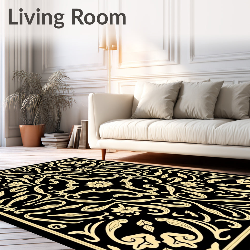 Black Gold Floral Symmetry Pattern Rug