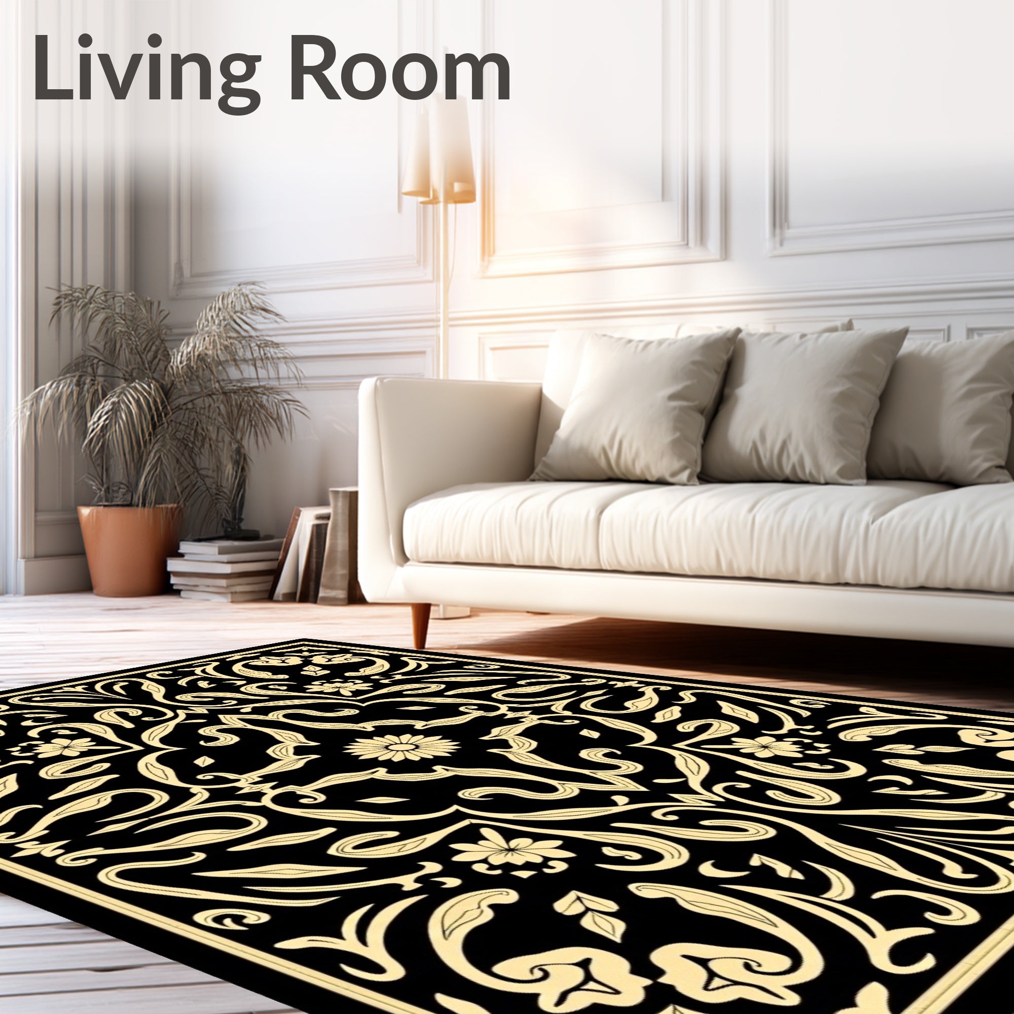 Black Gold Floral Symmetry Pattern Rug