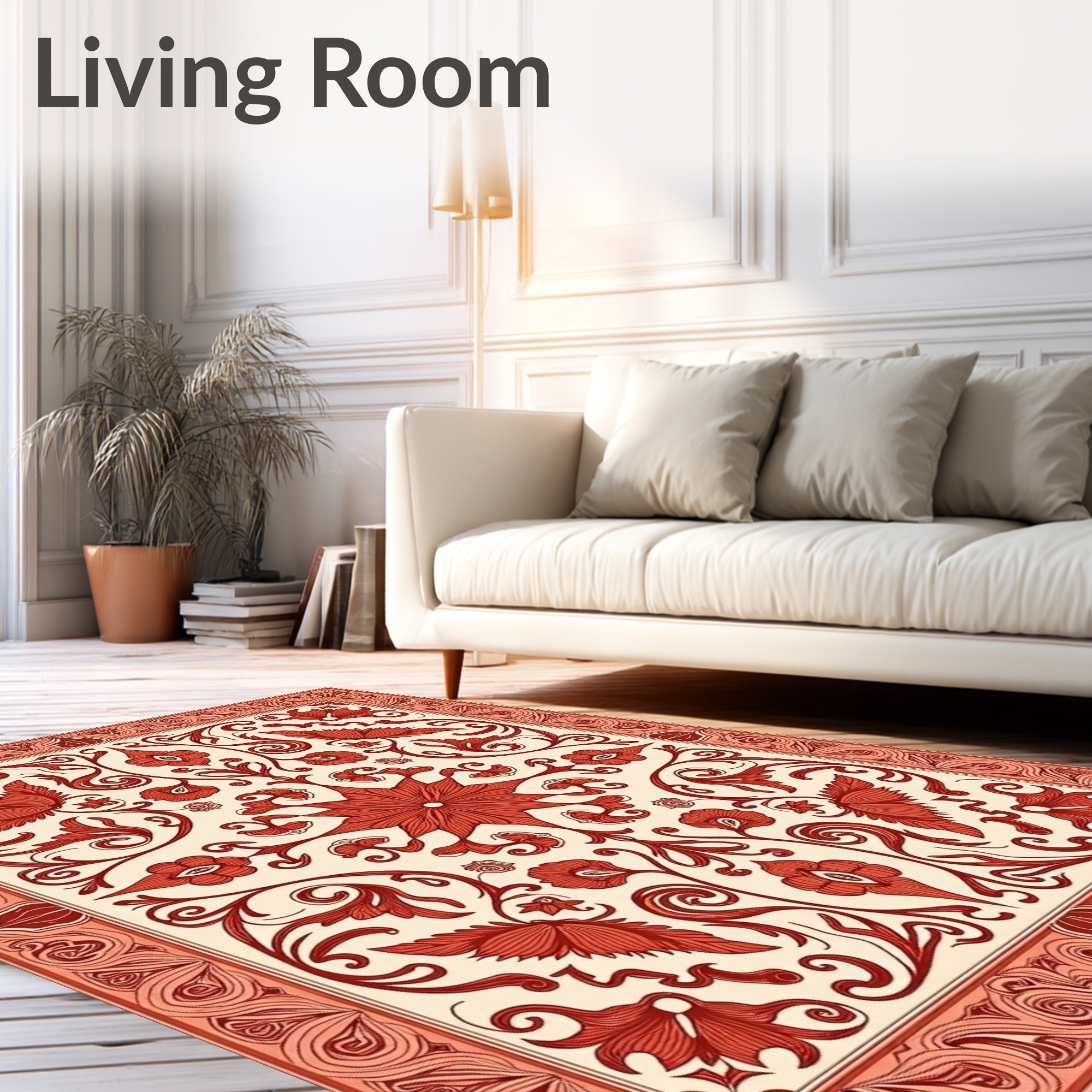 Ornate Floral Scrollwork Cream Red Rug