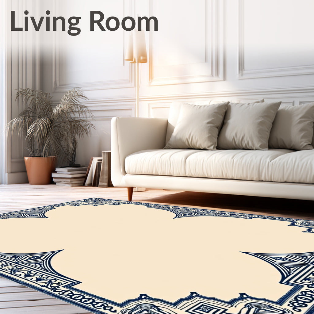Intricate Blue Ivory Geometric Border Rug
