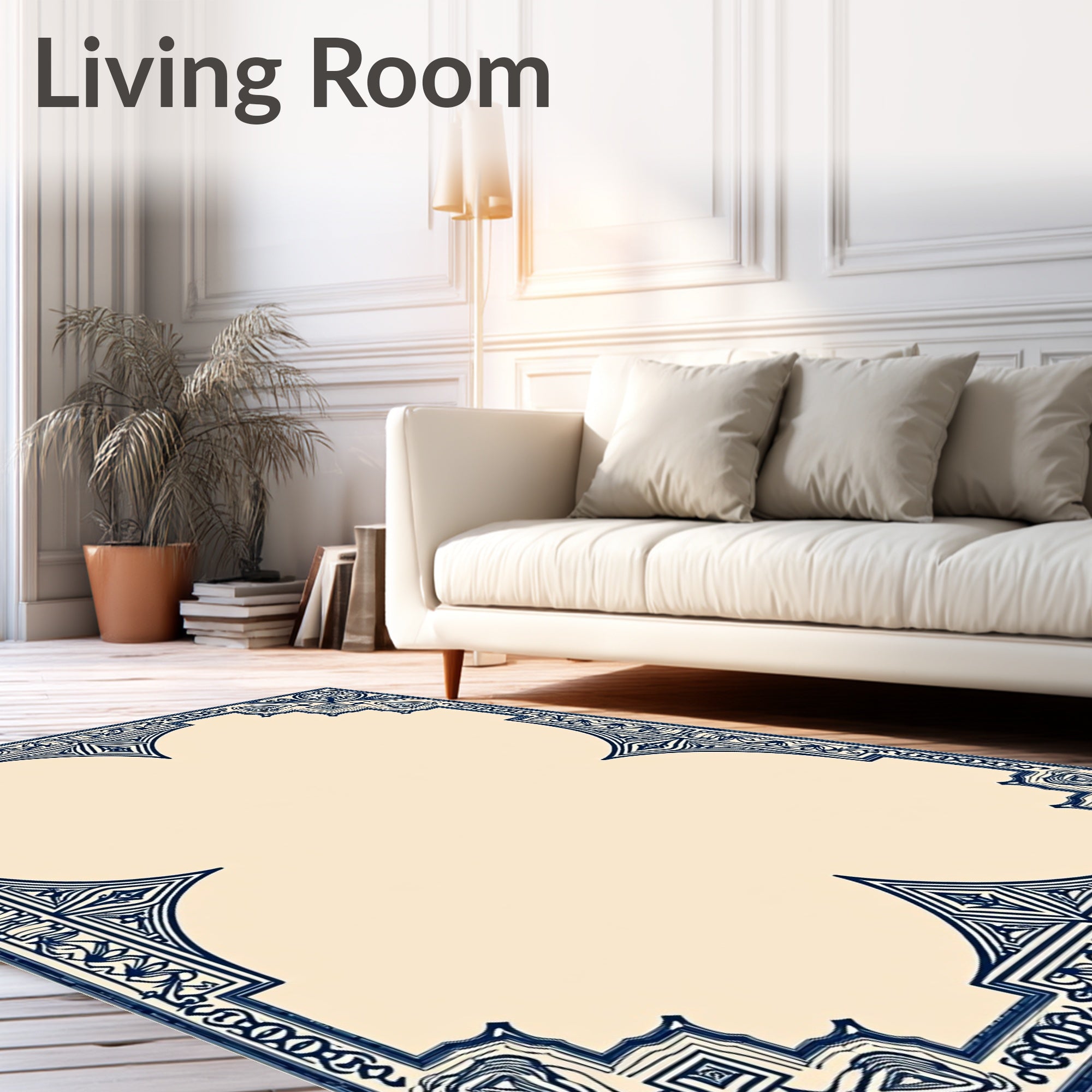 Intricate Blue Ivory Geometric Border Rug