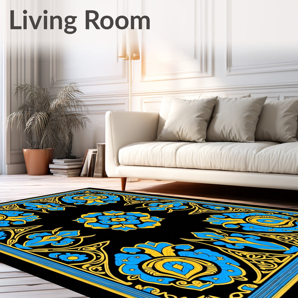 Bold Blue Yellow Floral Scroll Rug
