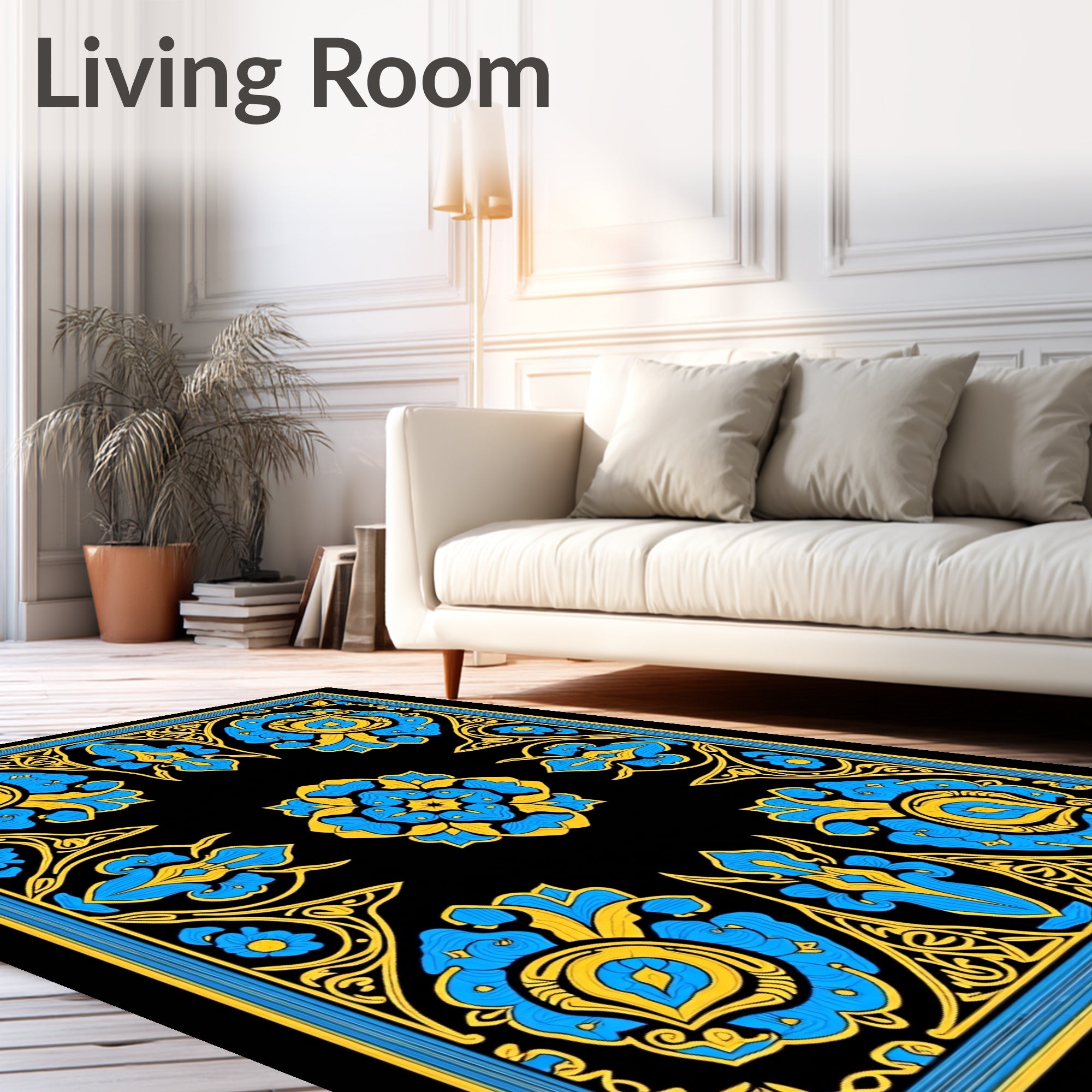 Bold Blue Yellow Floral Scroll Rug
