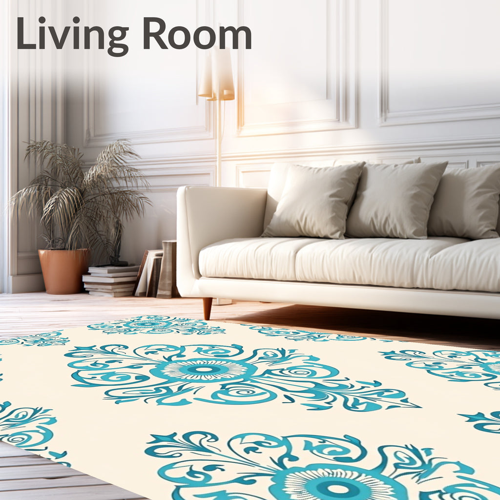 Teal Floral Scroll Pattern Rug