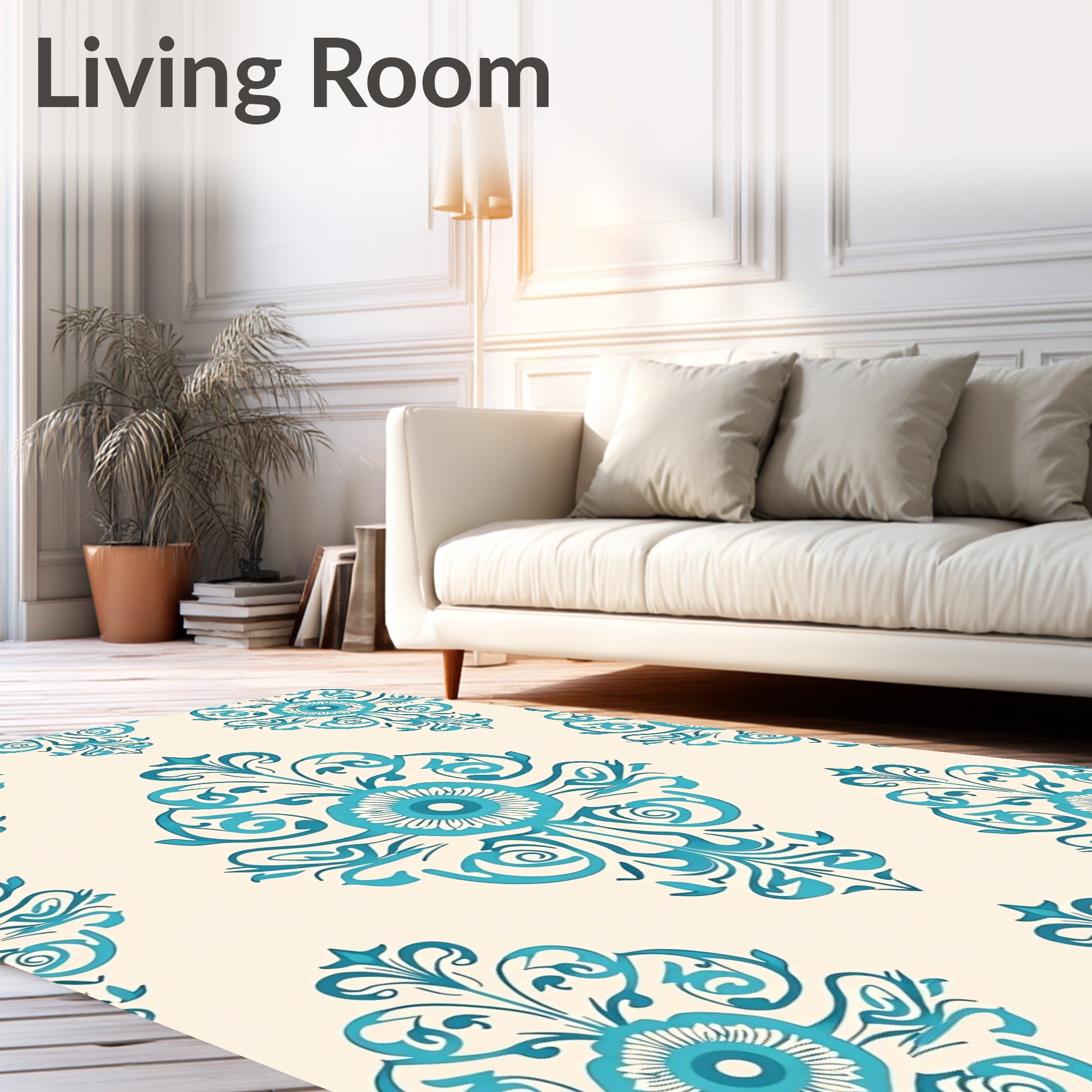 Teal Floral Scroll Pattern Rug