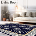 Elegant Navy White Floral Diamond Pattern Rug