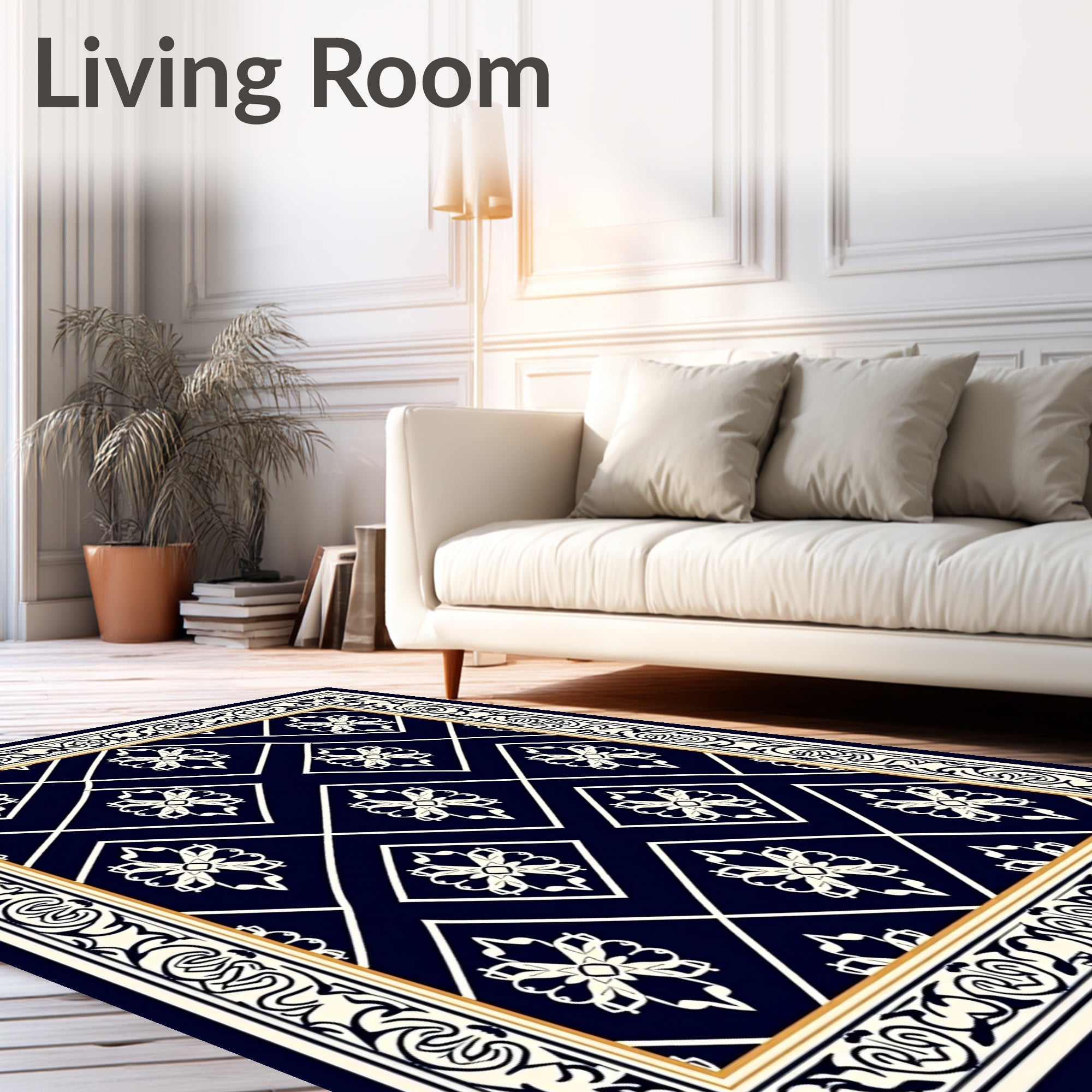 Elegant Navy White Floral Diamond Pattern Rug