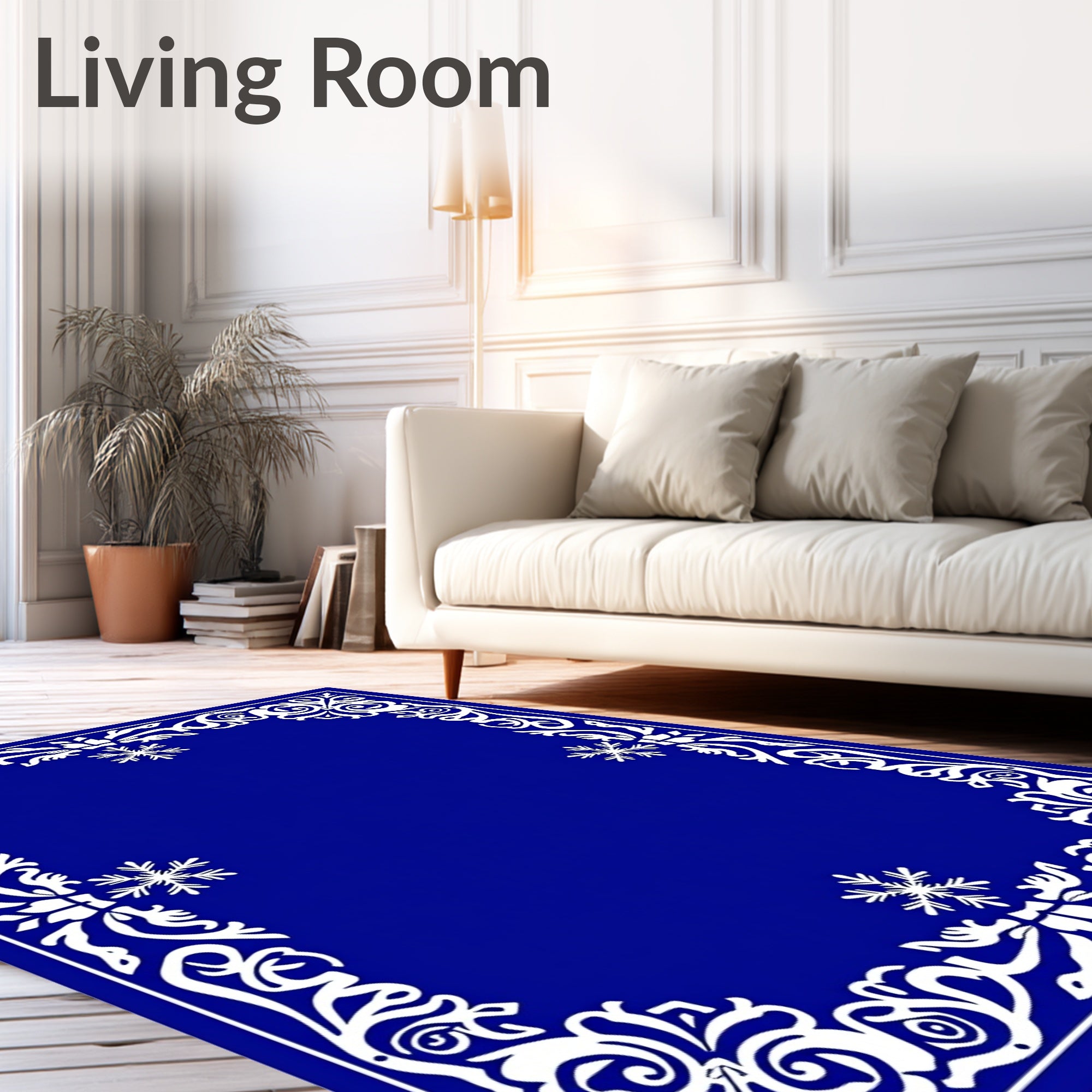 Royal Blue Snowflake Floral Border Rug