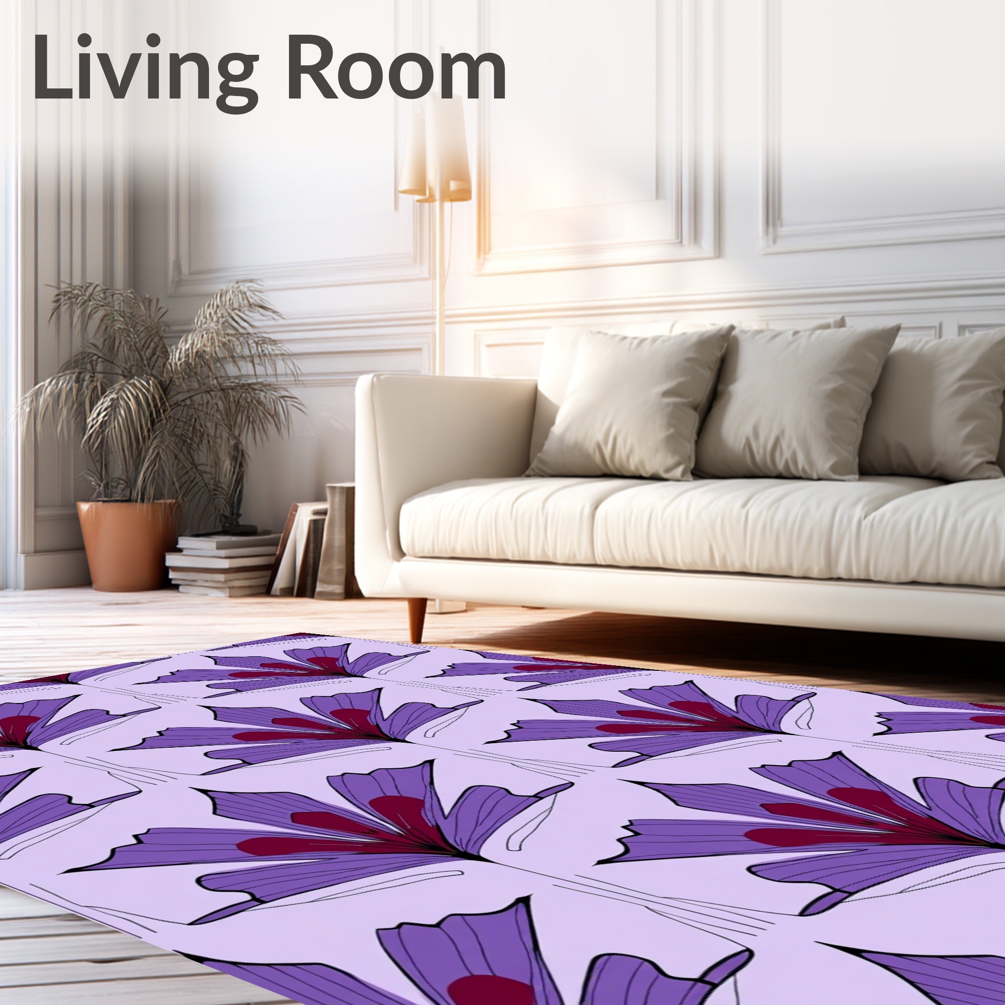 Purple Fan Floral Patterned Contemporary Rug