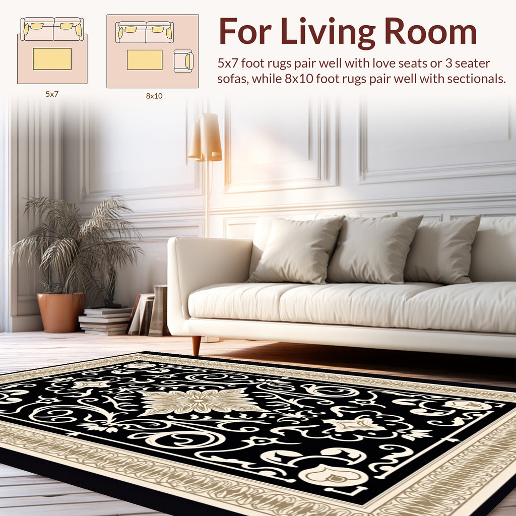 Classic Black Gold Floral Pattern Rug