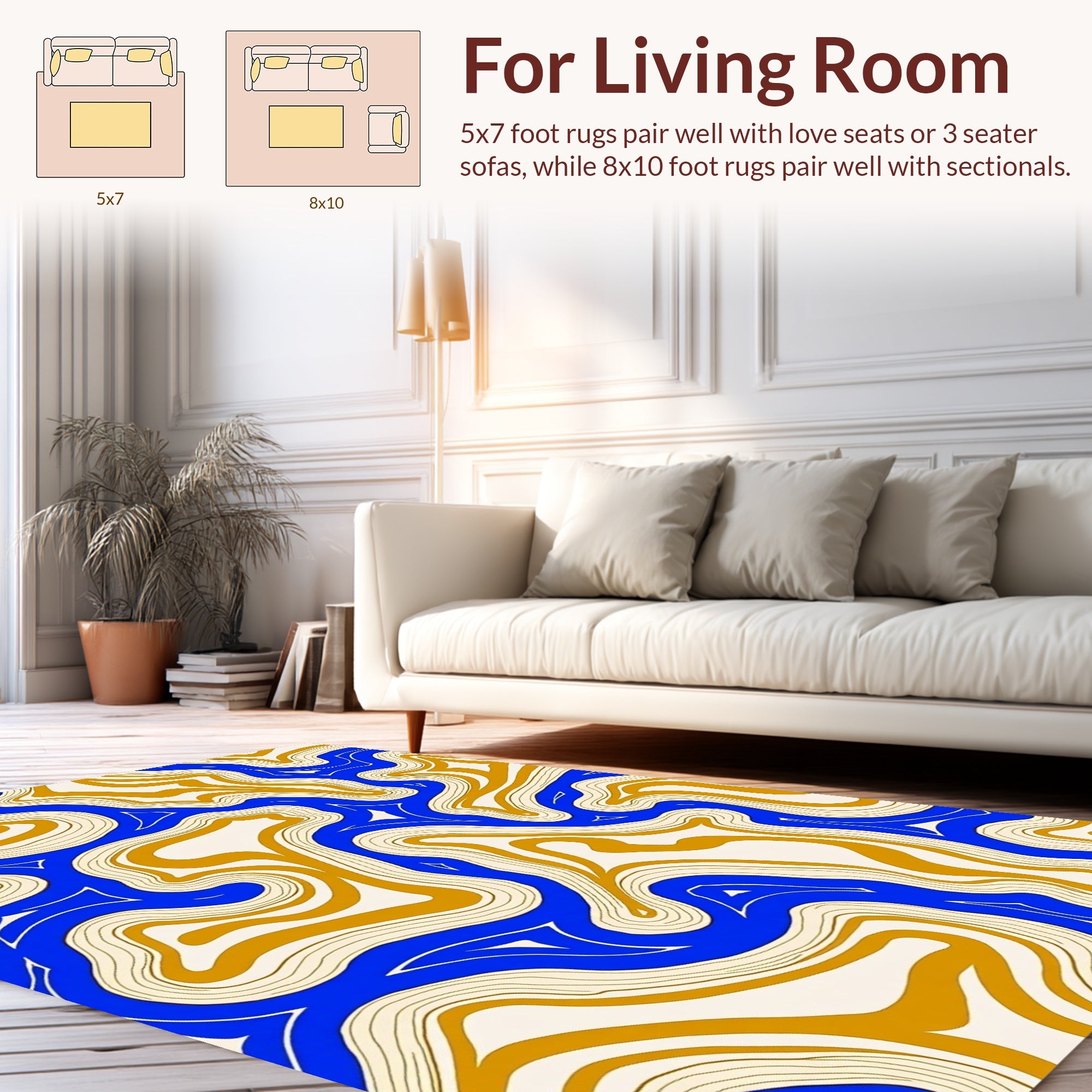 Abstract Swirls Blue Gold Rug