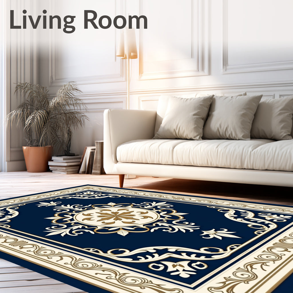 Ornate Blue Gold Floral Medallion Rug
