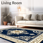 Ornate Blue Gold Floral Medallion Rug