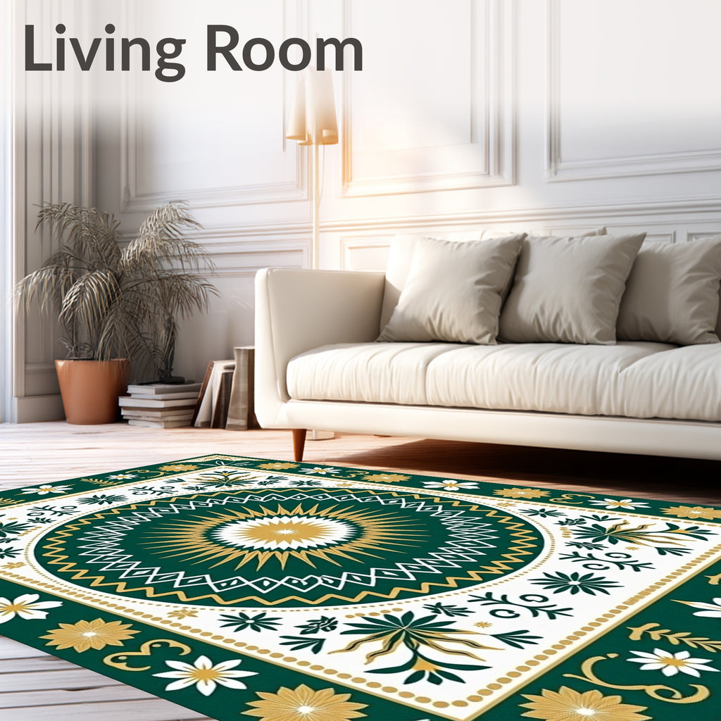 Emerald Geometric Sunburst Folk Art Rug