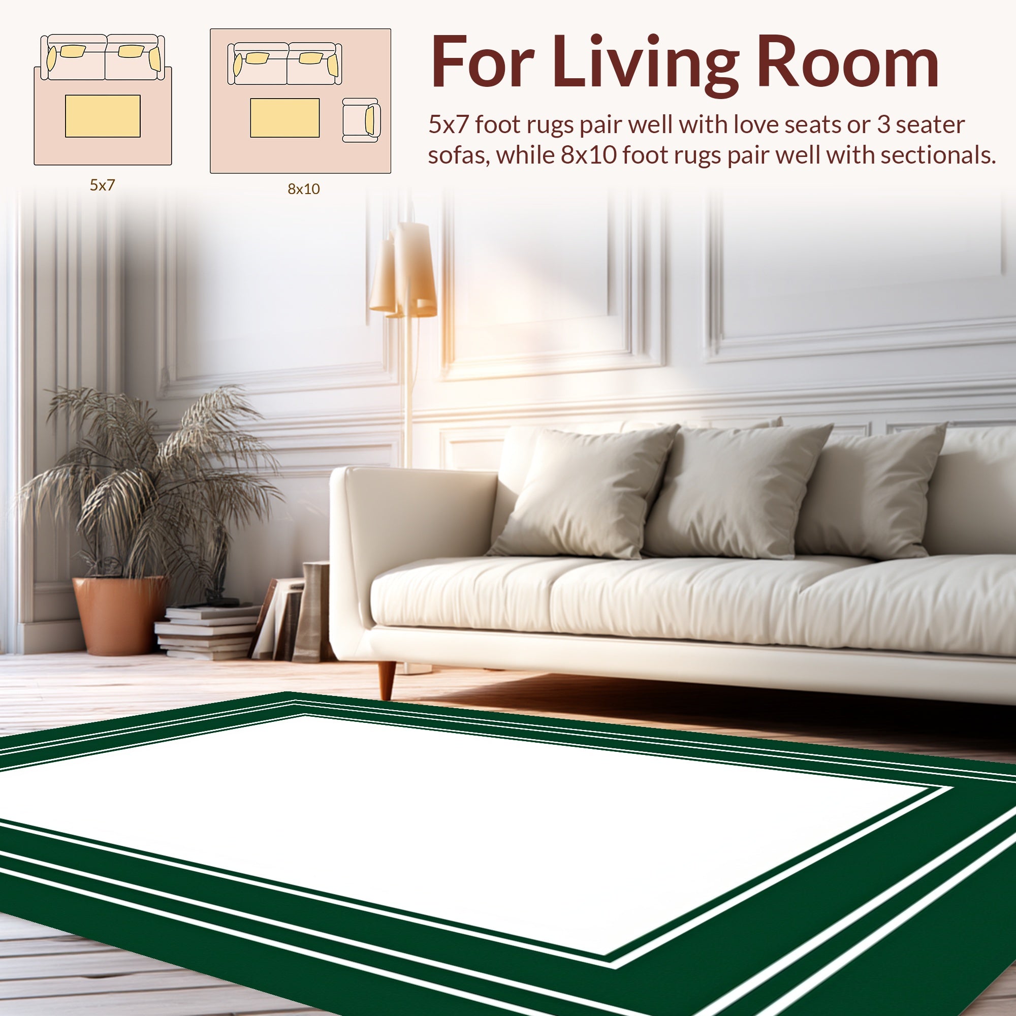 Elegant Dark Green White Border Rug