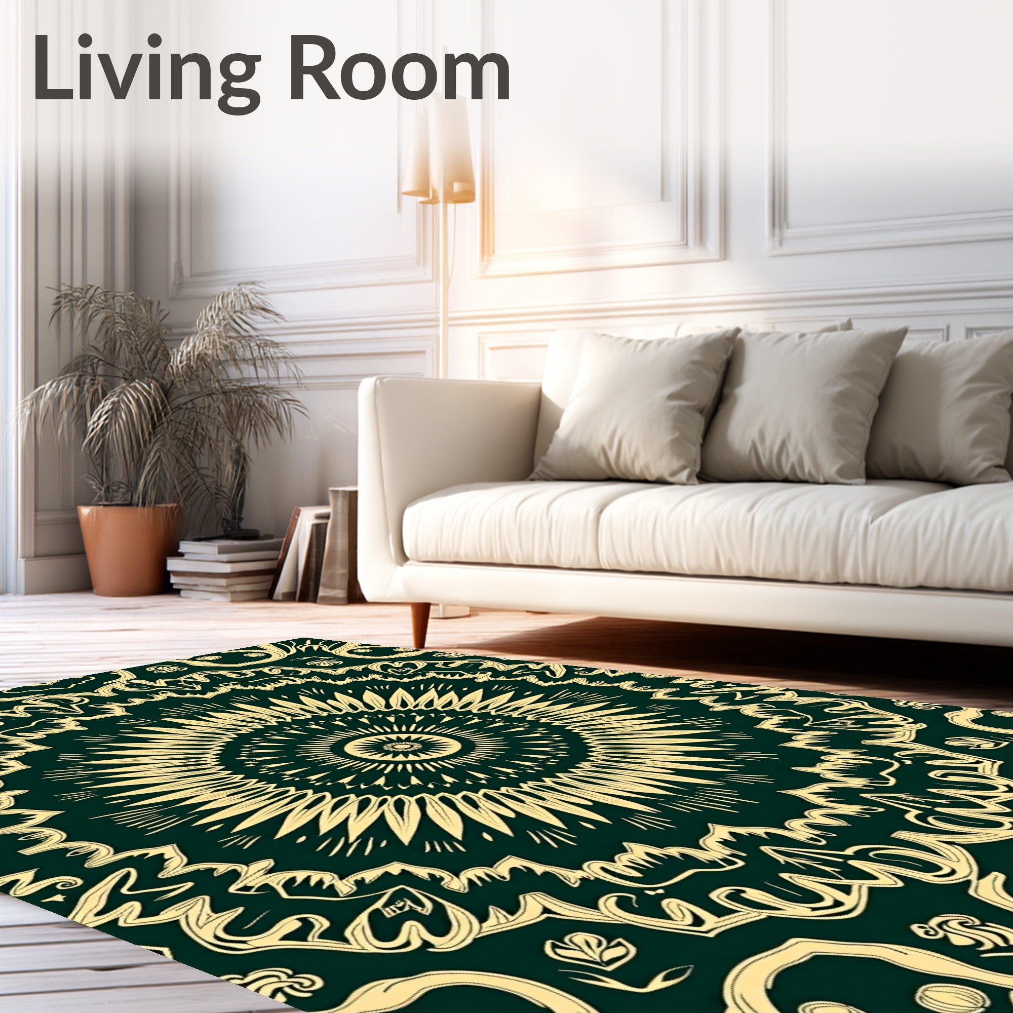 Intricate Golden Sunburst Mandala Design Rug
