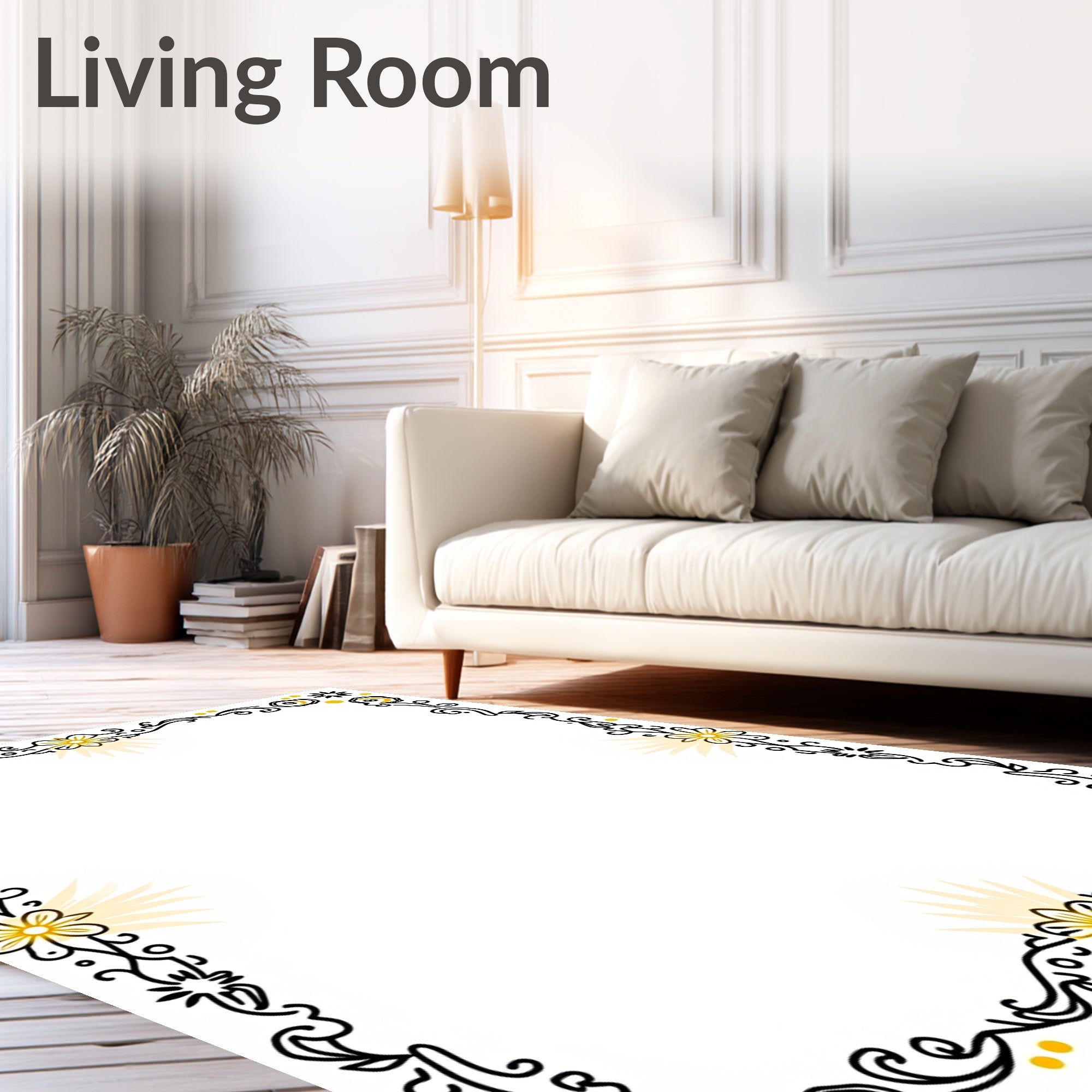 Floral Swirl Black Golden Border Rug