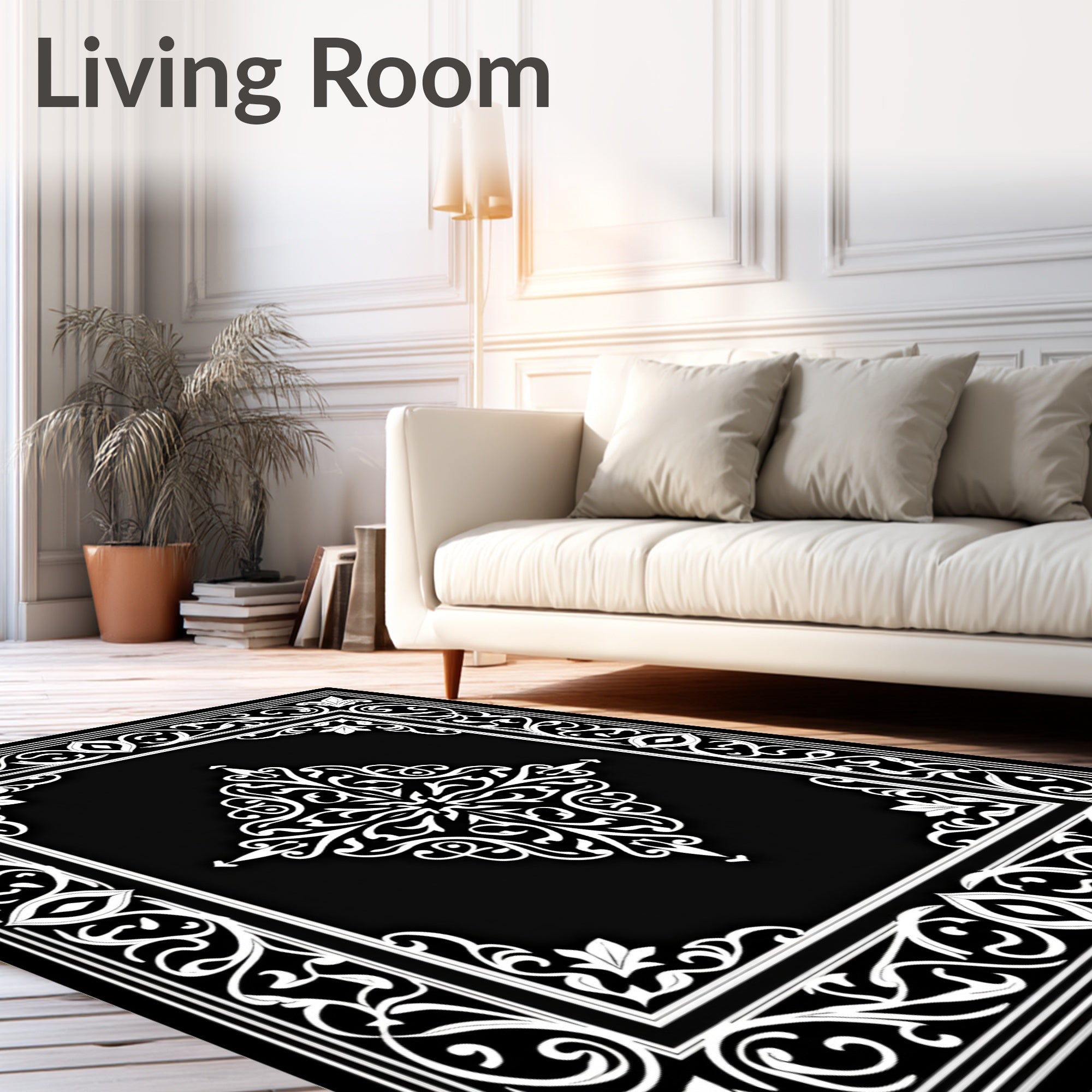Elegant Black White Floral Scroll Rug