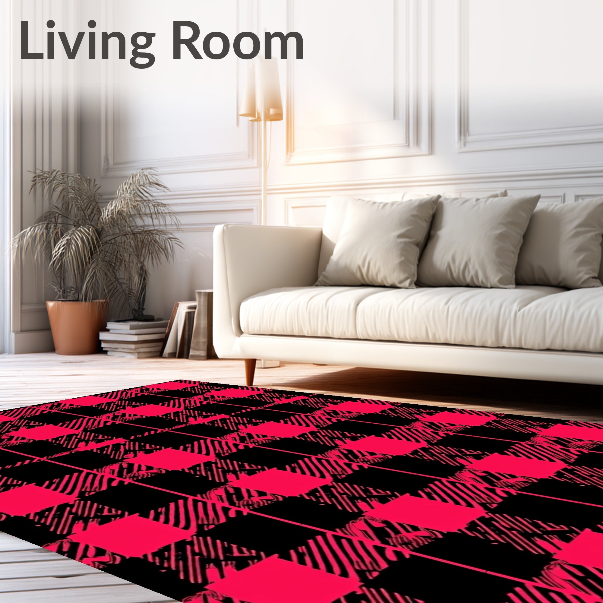 Bold Red Black Plaid Grunge Design Rug
