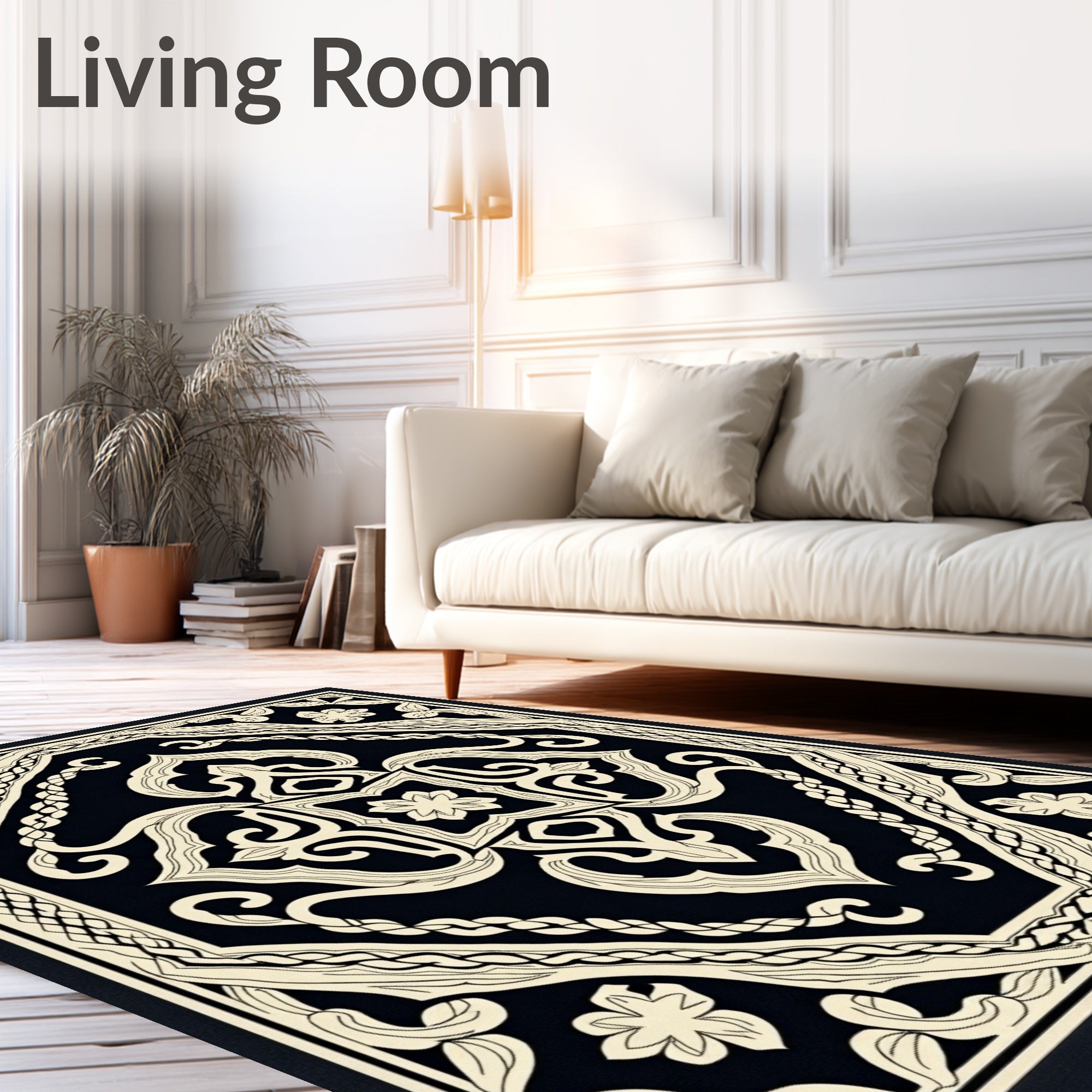 Ornate Black Cream Floral Medallion Rug